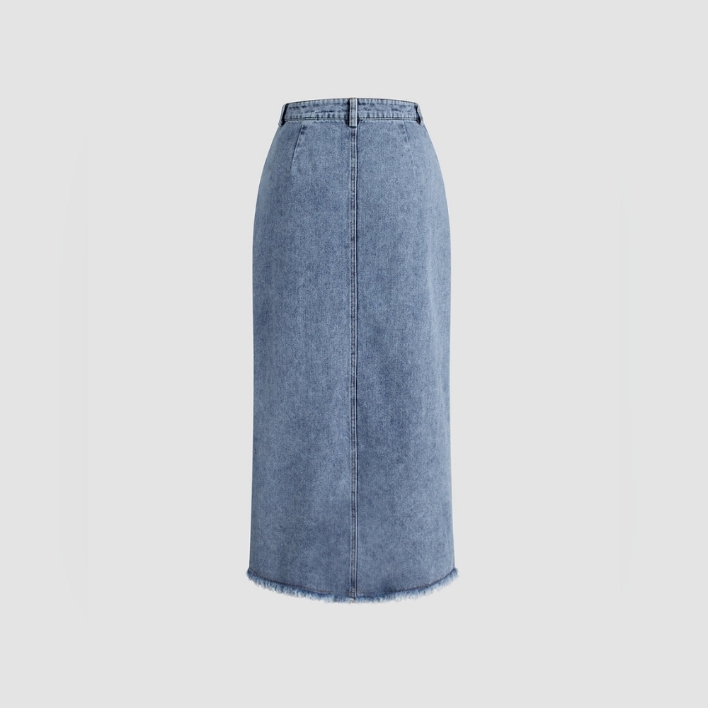 Asymmetrical Button Pockets Slit Denim Maxi Skirt - Commense - Picture 3 of 6